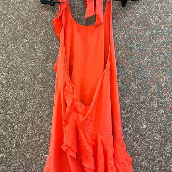 🔥🔥🔥Alice + Olivia Orange Silk Halter Neck Ruffle Mini Dress - Picture 4 of 8